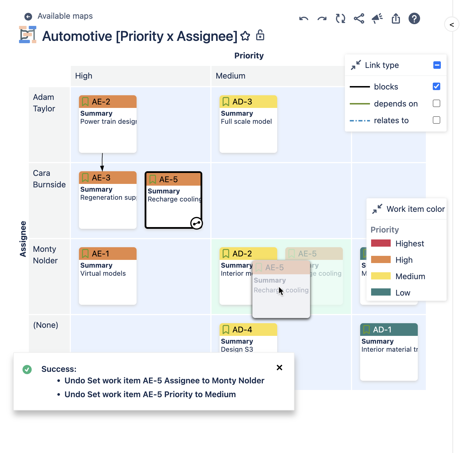 Drag and drop issues to change e.g. Status, Assignee, Sprint etc.