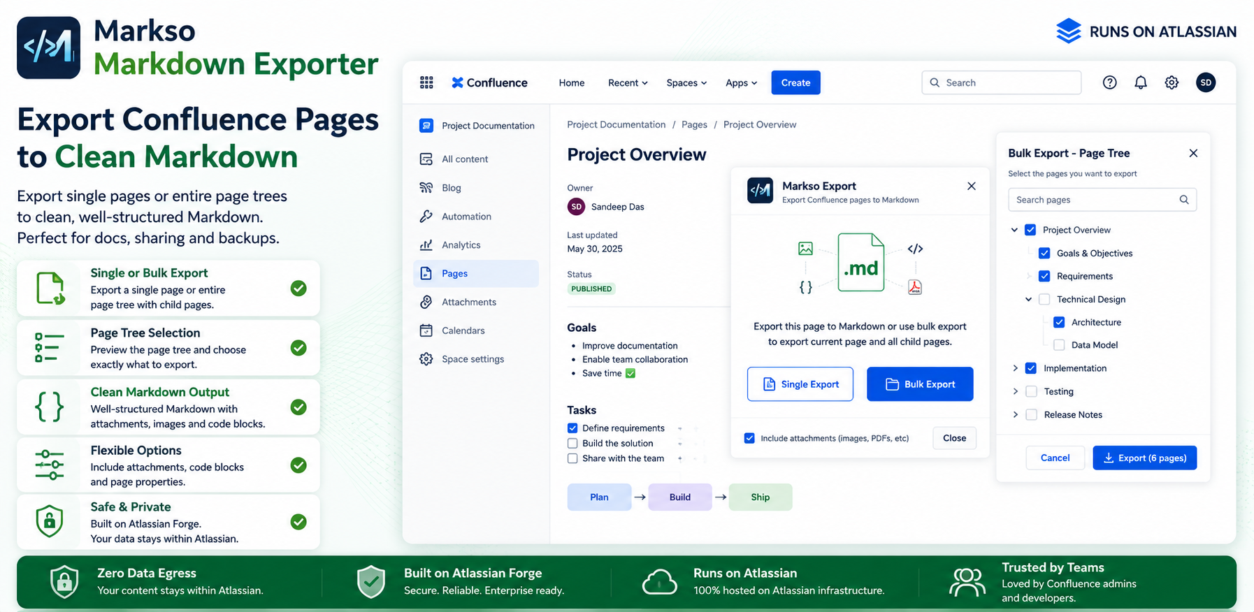 Export single pages or complete page trees to clean Markdown with attachments and a structured ZIP that mirrors your Confluence hierarchy.