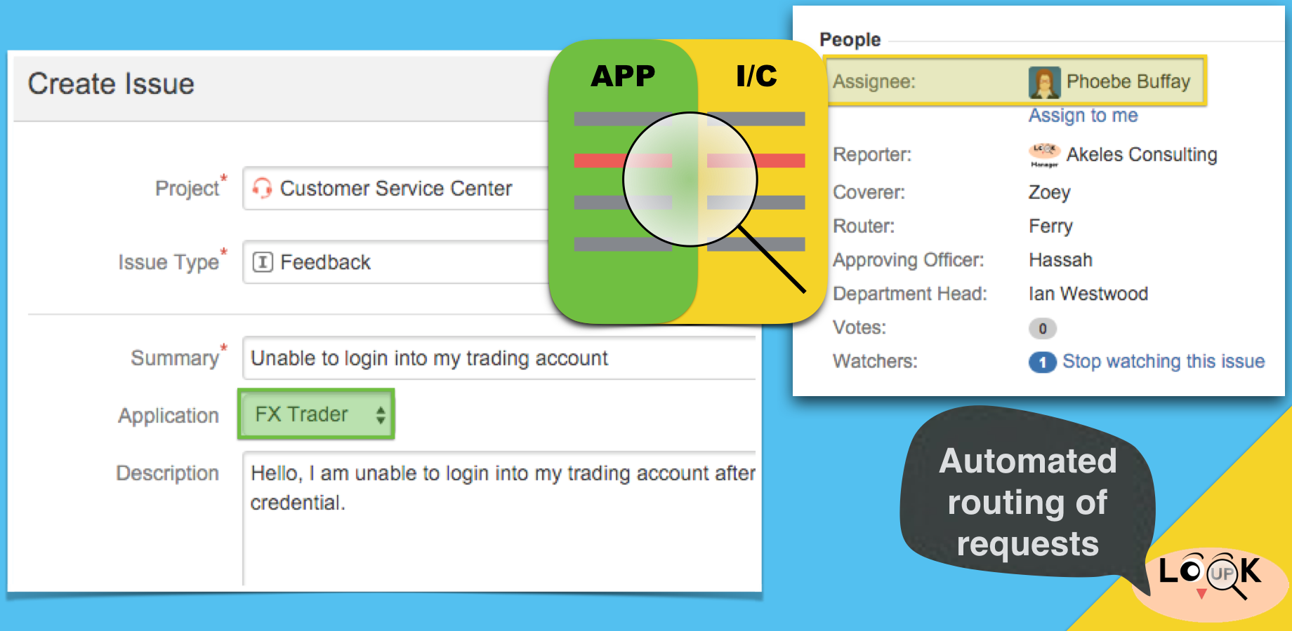 The issue can be assigned to the person in charge of the selected application via the lookup table. 
There is no need for the reporter to know who to assign to. Time saved on triaging.
