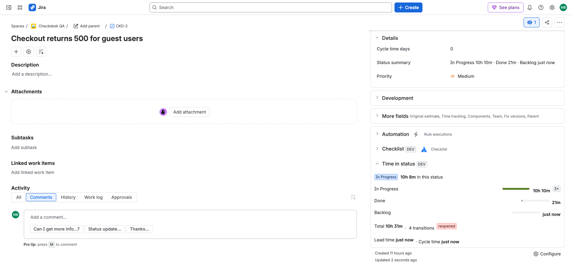 The Statusdesk panel on a Jira issue: per-status durations, repeat counts and a reopened flag.