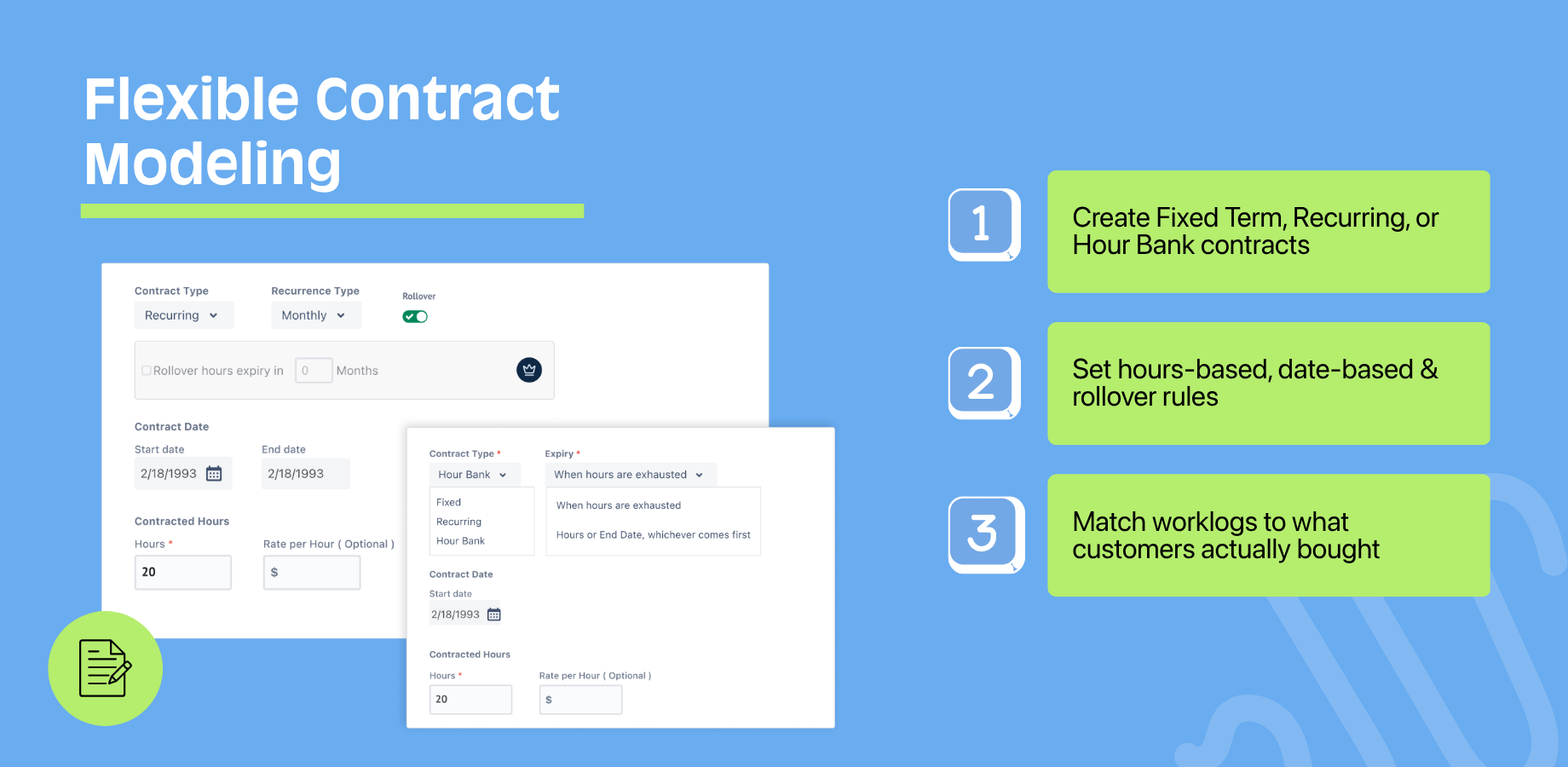 Create a support contract in Jira Service Management using Fixed Term, Recurring, or Hour Bank rules, including hours, dates, rollover, and expiry settings.