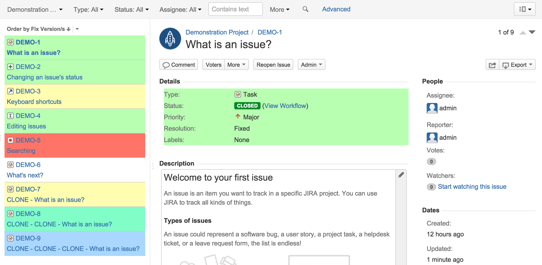 In addition to List View, Jira 6+ contains a Split View, in which a simplified issue list is shown on the left, and selected issue is shown on the right. Issue colors are also available on this simplified issue list.
