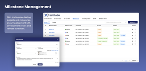 Milestones: Define, plan, and evaluate testing phases with milestones to track progress and deadlines, ensuring teams stay on schedule and meet targets.