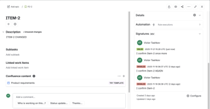 Records signer, timestamp, reason, and work-item state for every signature.