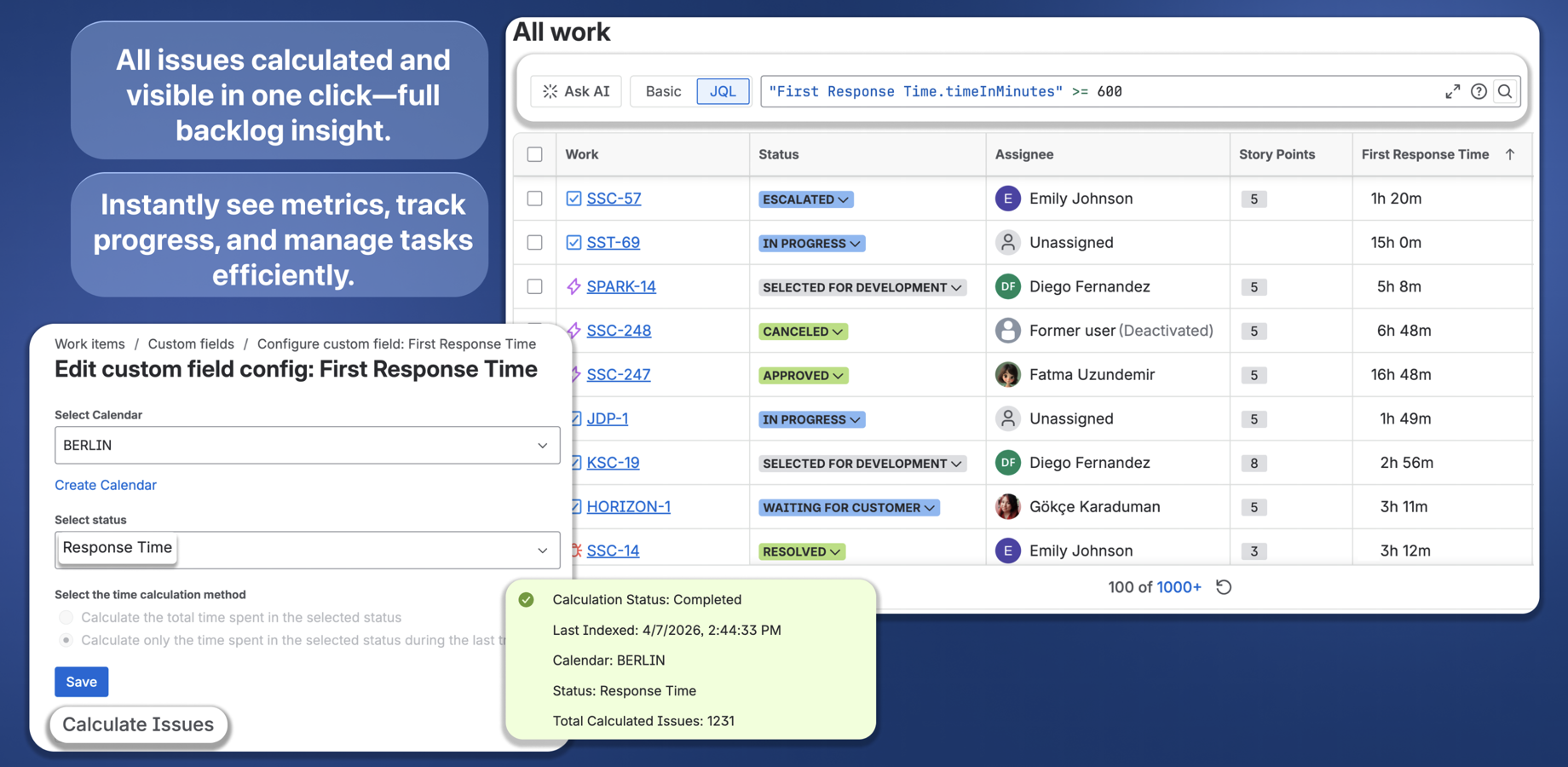 A Cycle Time field configured with a business calendar and last-transition calculation.