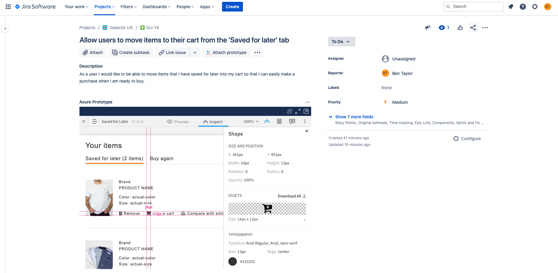 Developers can inspect layout, get CSS snippets, and download visual design assets directly from embedded prototypes in Jira to take your work from design to development with ease