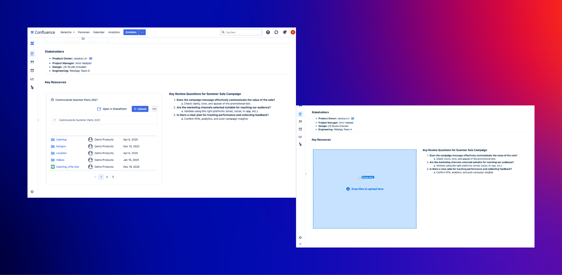 Upload files to SharePoint directly from Confluence pages.
