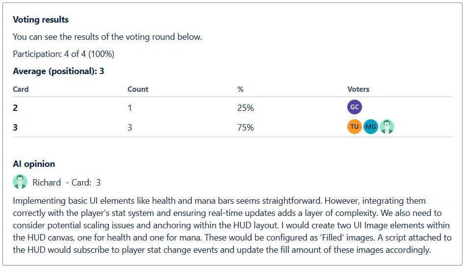 In this image you can see the result of a voting round. You can also see the AI vote and its opinions and possible solutions.