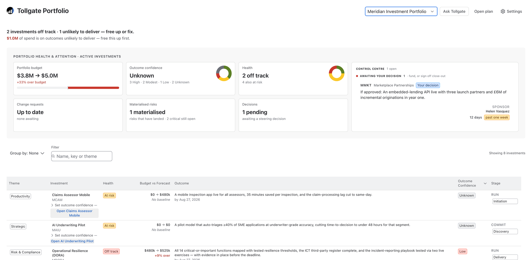 Portfolio Health: every investment's stage, health and cost on one screen, with Ask Tollgate for follow-ups in session. Forge-native — nothing leaves your Jira instance.