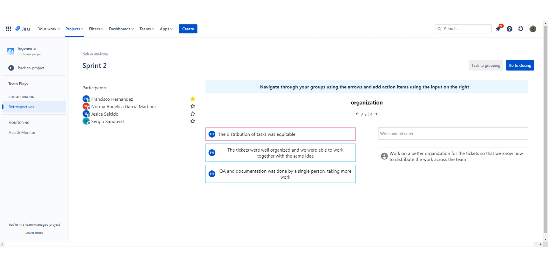 Retrospective summary screen with actionable insights
