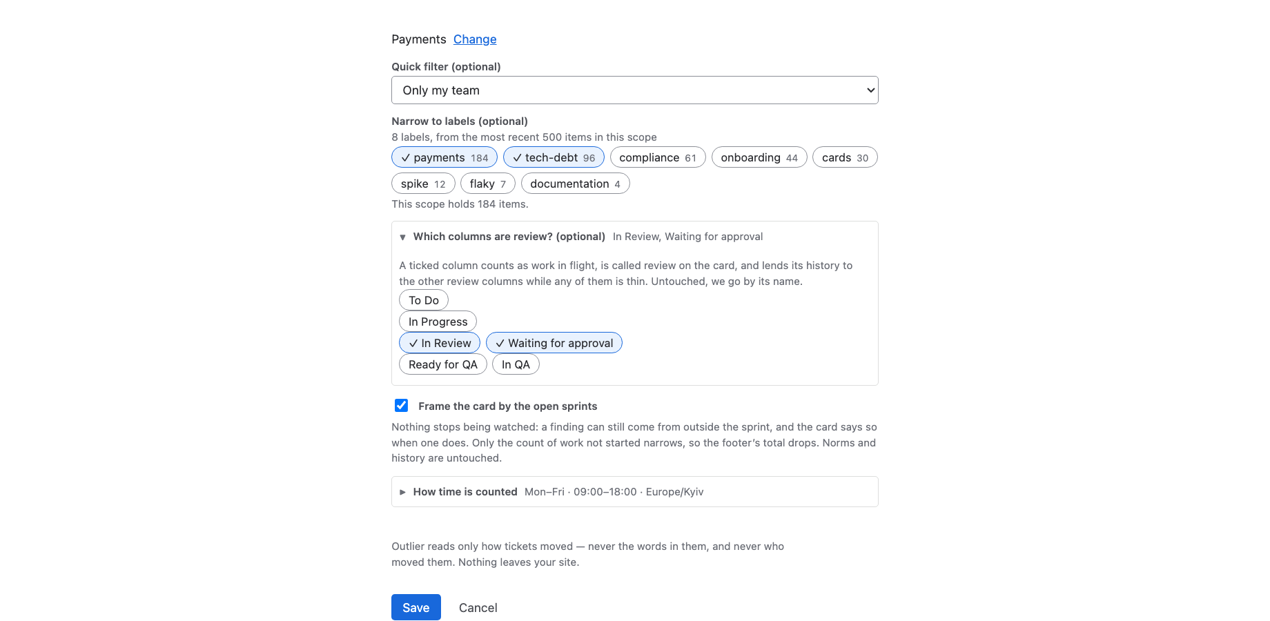 The configuration screen, with the sentence it ends on: Outlier reads only how tickets moved — never the words in them, and never who moved them. Nothing leaves your site.