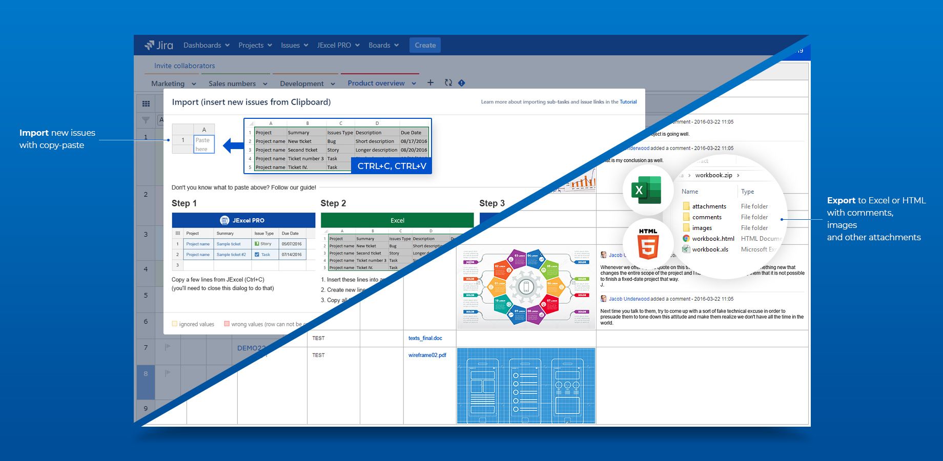 - Export your issues to a pretty print HTML or even to an editable XLSX
- Bulk export over 1000 issues with images, comments and other attachments
- Bulk create by importing from Excel via copy & paste​
