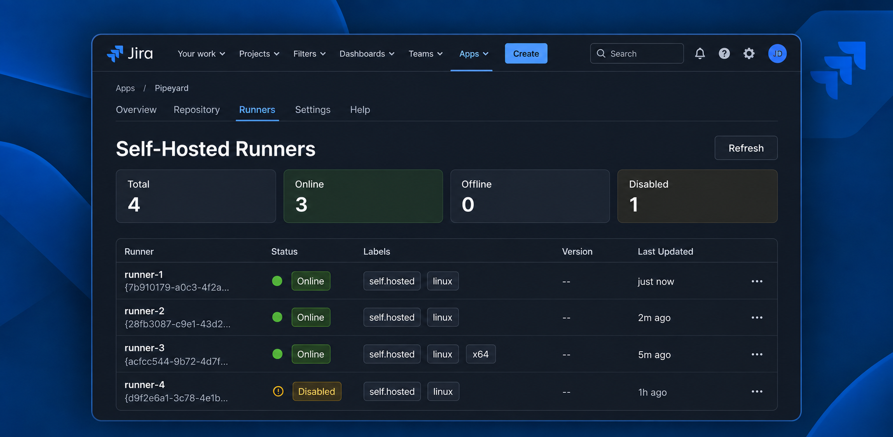The runners view summarizes online, offline, and disabled runners and shows status, labels, version, and last updated time for each runner.