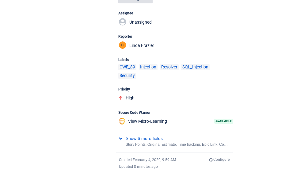 In this screenshot, you can see a ticket created by a popular SAST tool containing a CWE label, which is detected by the app to instantly provide relevant training