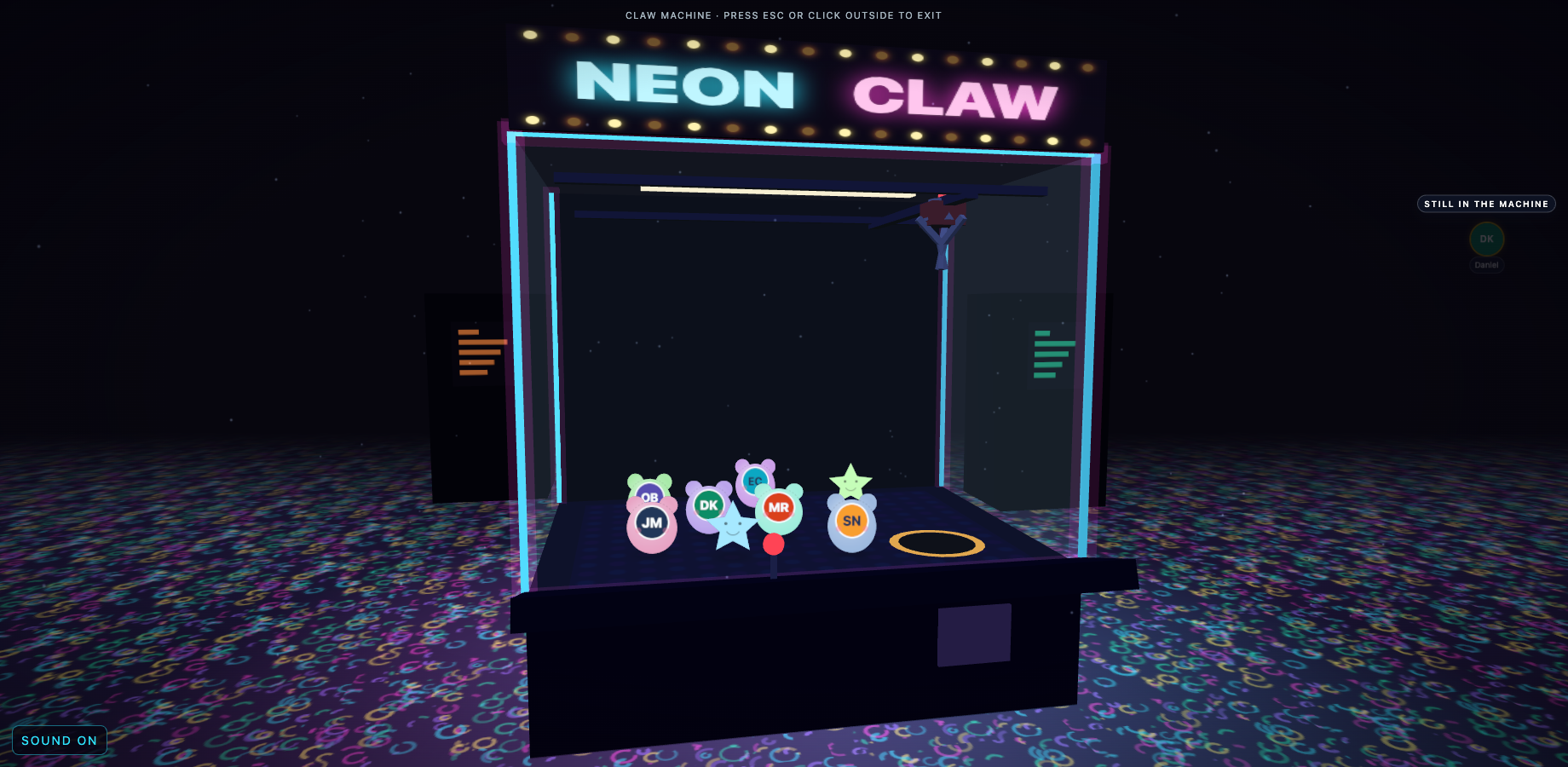 The claw is about to pick the next speaker; the roster on the right shows who is still in the machine.