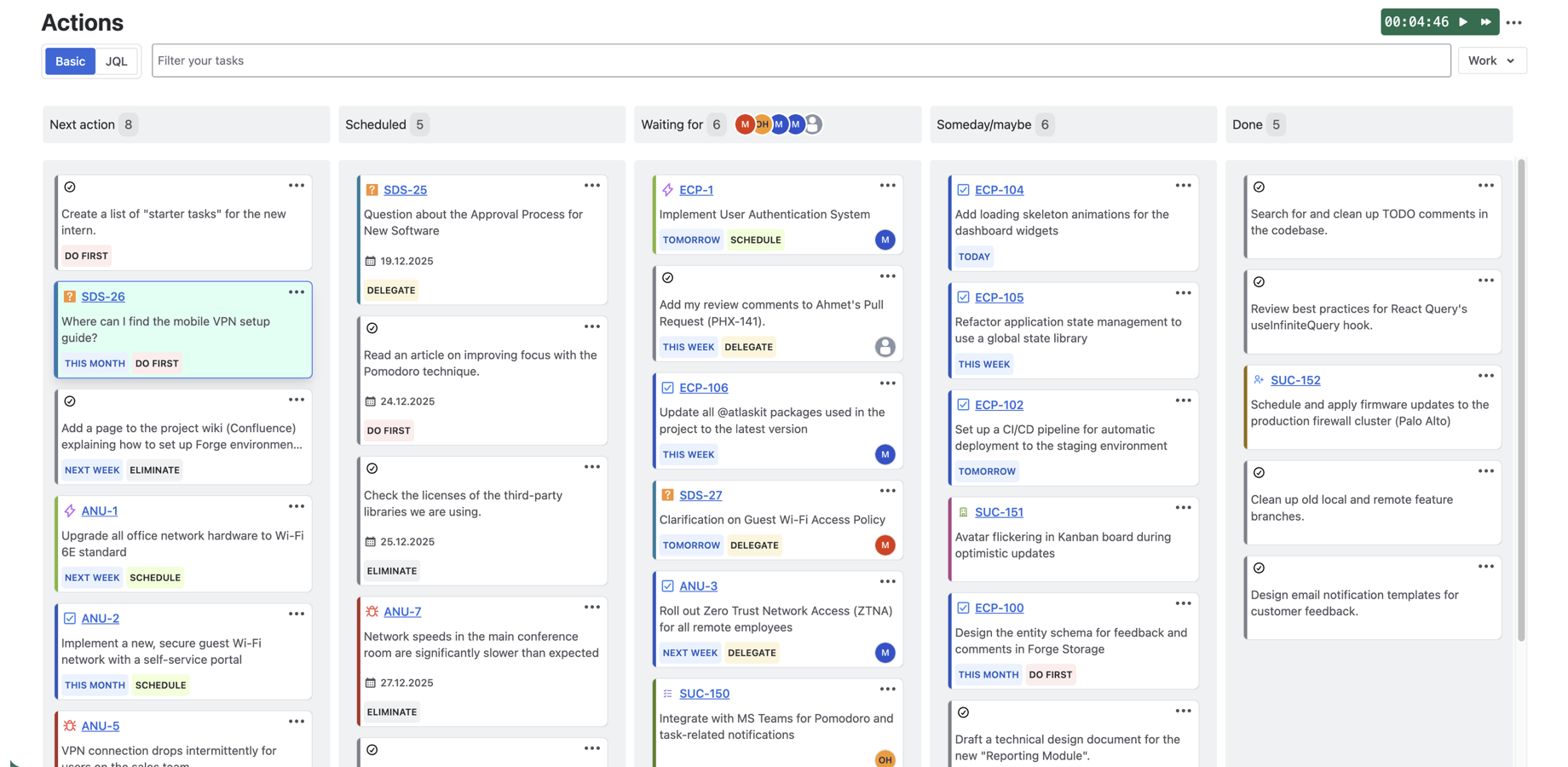 Organizing, prioritizing, and refining tasks in the Actions view.