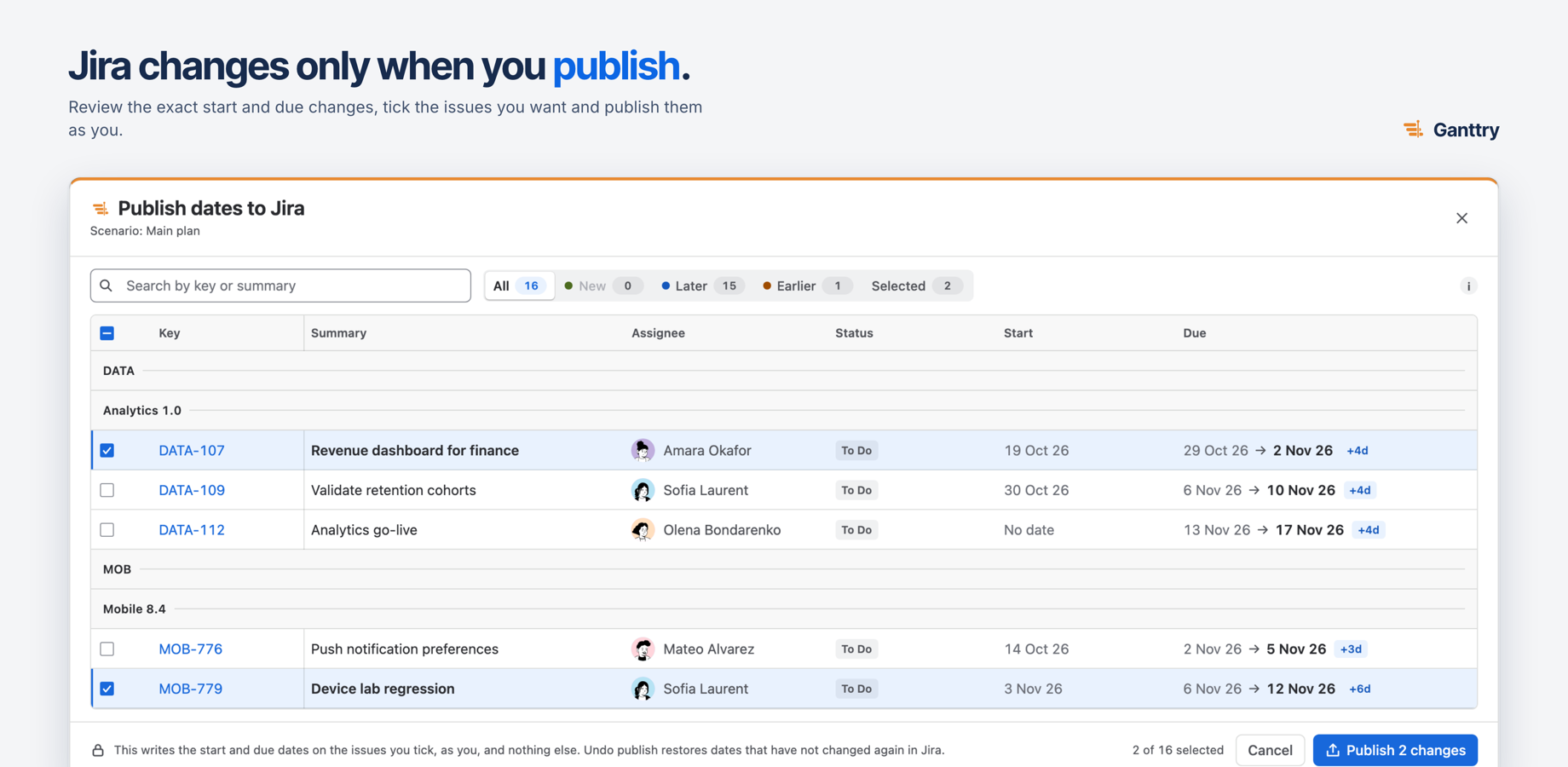 Review every proposed date change before it reaches Jira, then publish only the issues you tick.