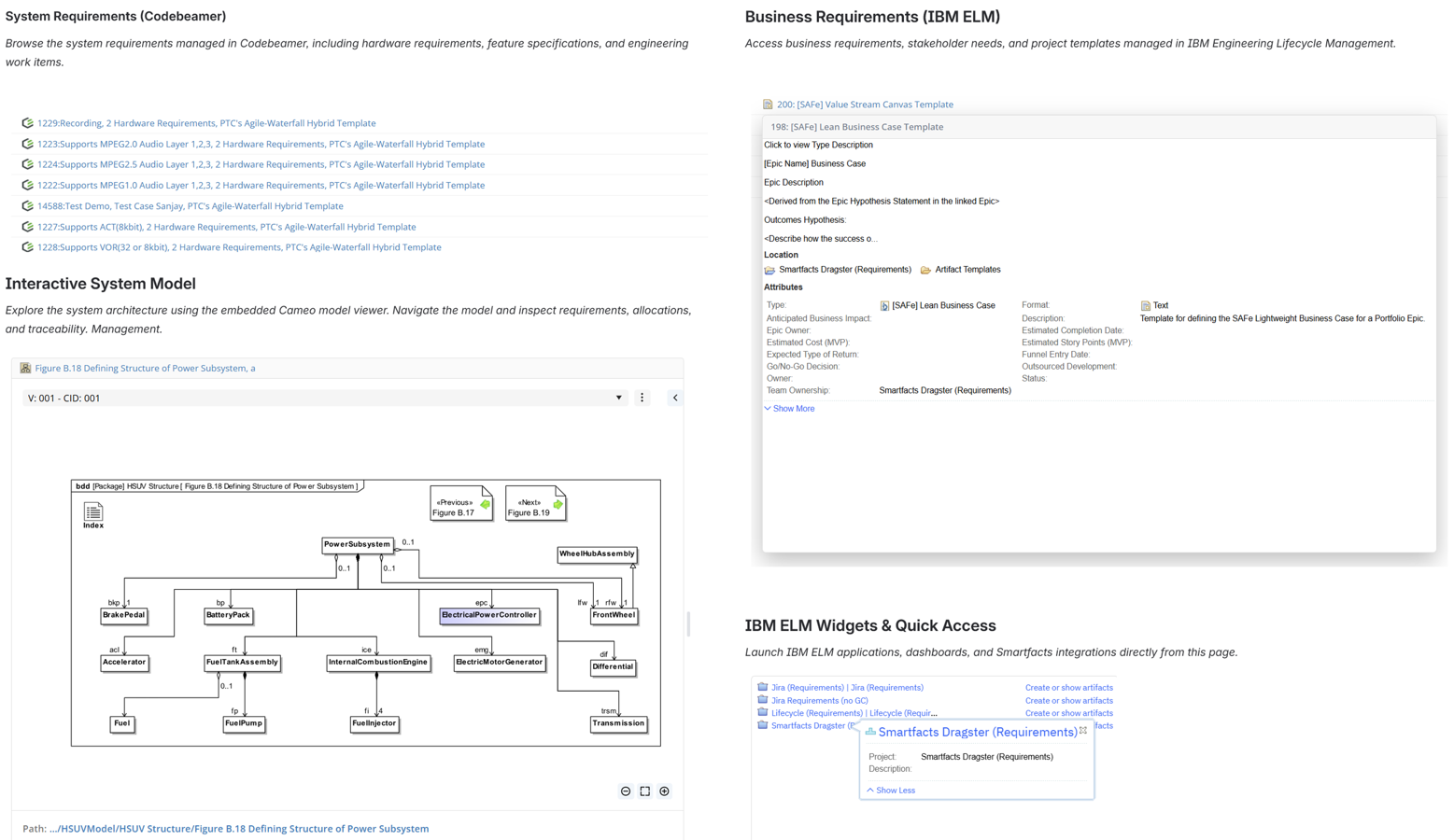 Codebeamer requirements, DOORS Next requiremens, Cameo SysML Diagram and IBM ELM Widget on one Confluence Page