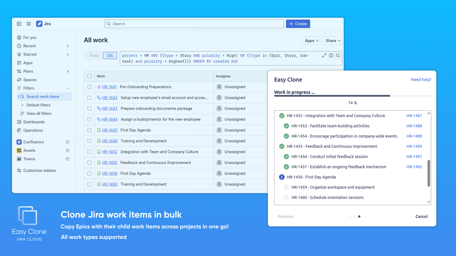 Copy work items in bulk