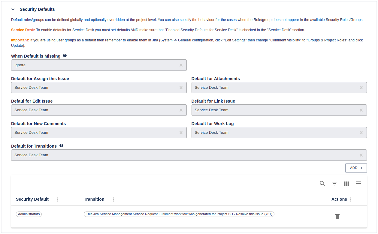 The security defaults in the edit configuration page