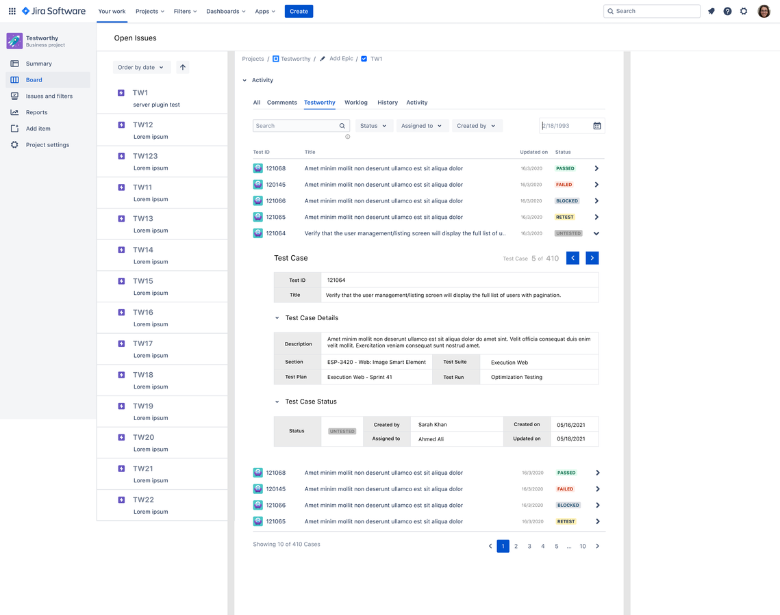 View status and other details of any test case