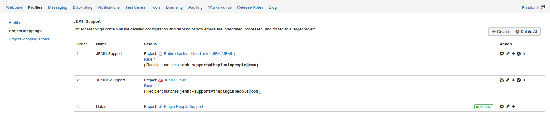 Shows our live usage of JEMHC for supporting per-project mapping of incoming address (Gmail alias) to a given project, cropped shot shows the related inbound Rule.