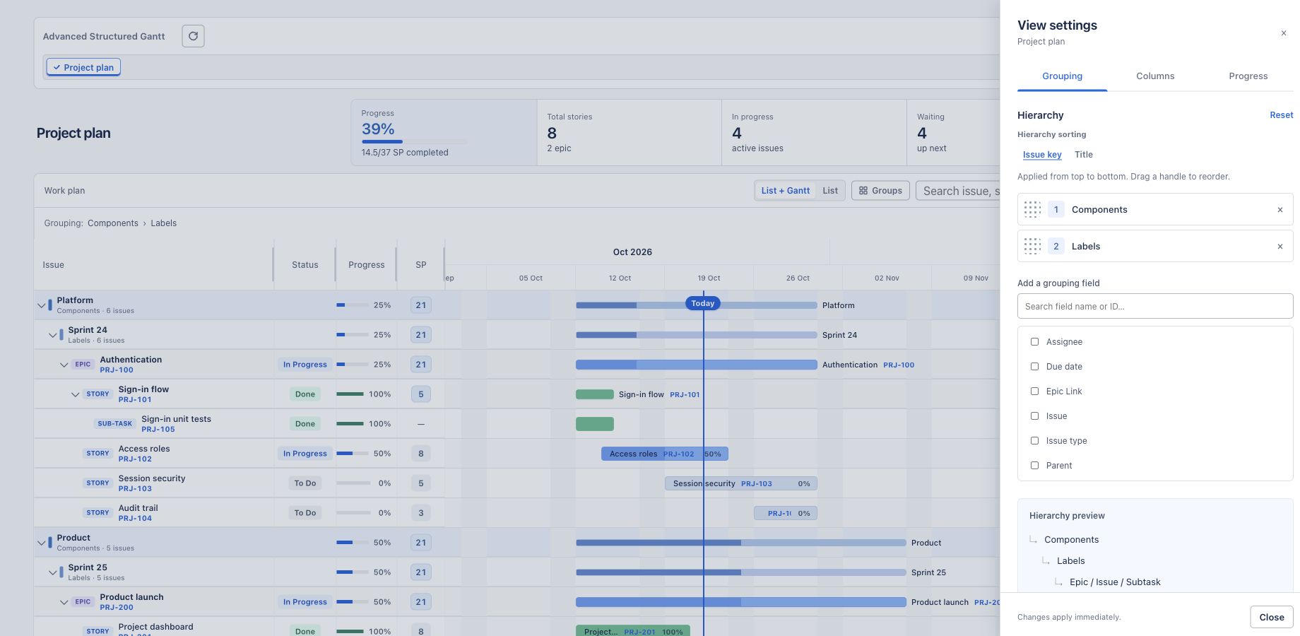 Group work by components and labels, with an immediate preview of the hierarchy.