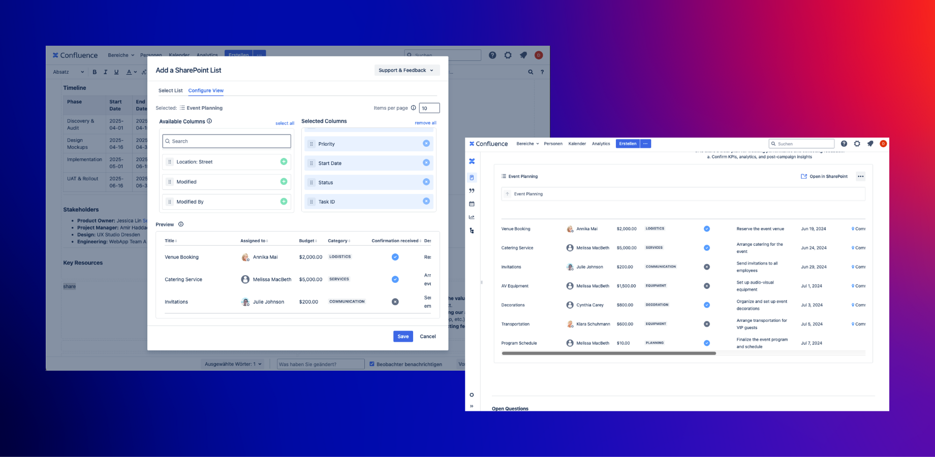 Easily embed SharePoint lists into your Confluence pages and customize the view by arranging columns with drag-and-drop.