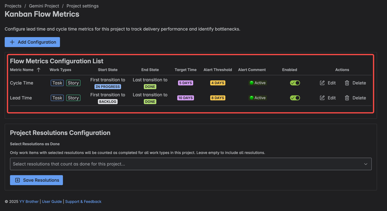 Flow Metrics Settings at Project Level