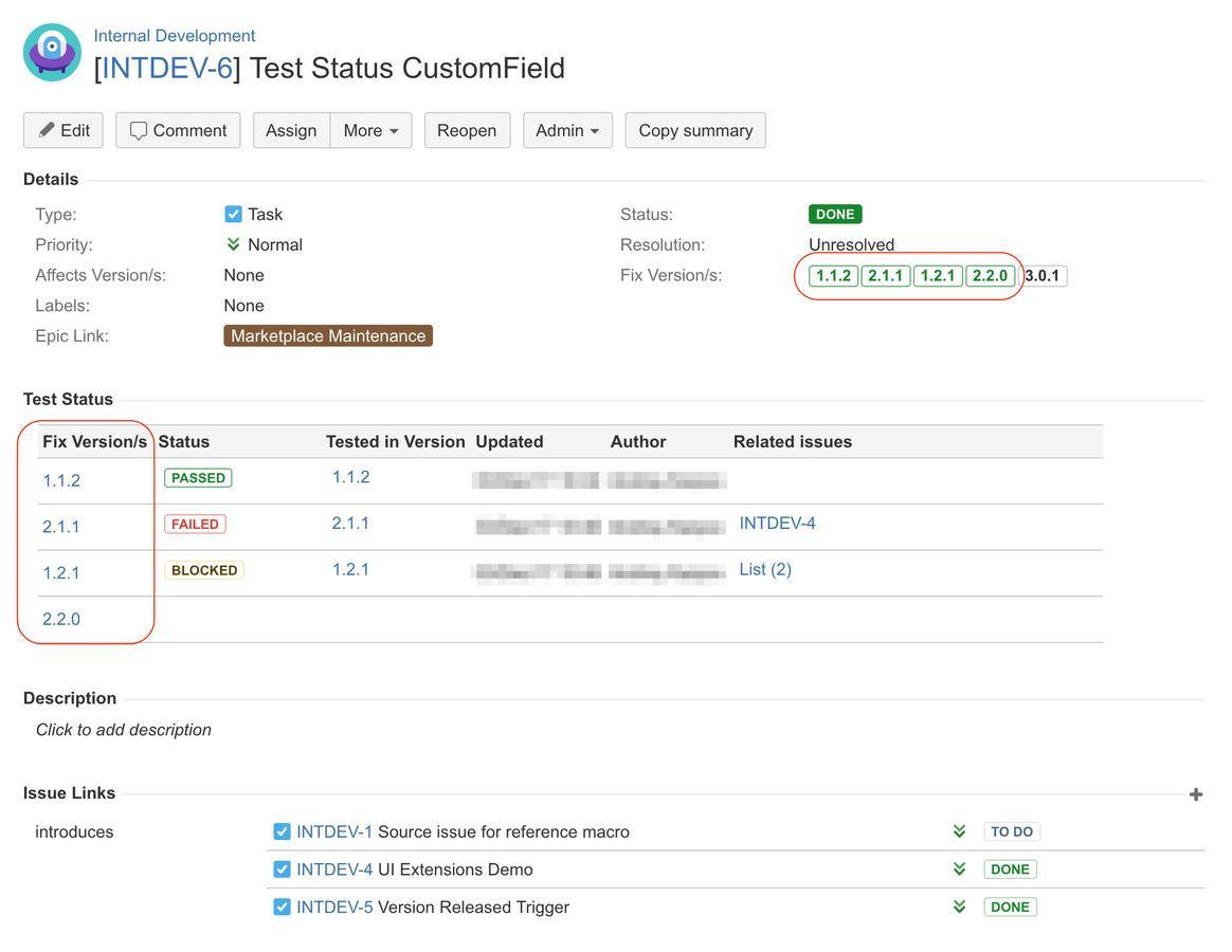 Test Status Field main view on issue view screen