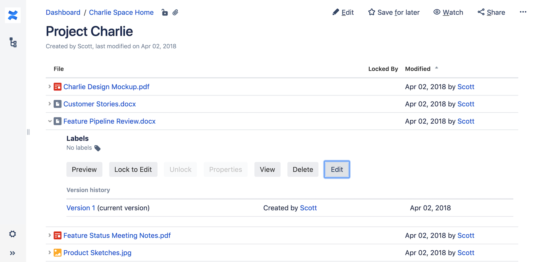 Clicking "Edit" automatically locks and opens all document types. Lockpoint also supports one-click editing of Microsoft Office documents via the Confluence "Edit in Office" feature.