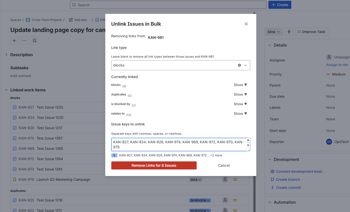The unlink dialog processes all keys and reports which succeeded or failed