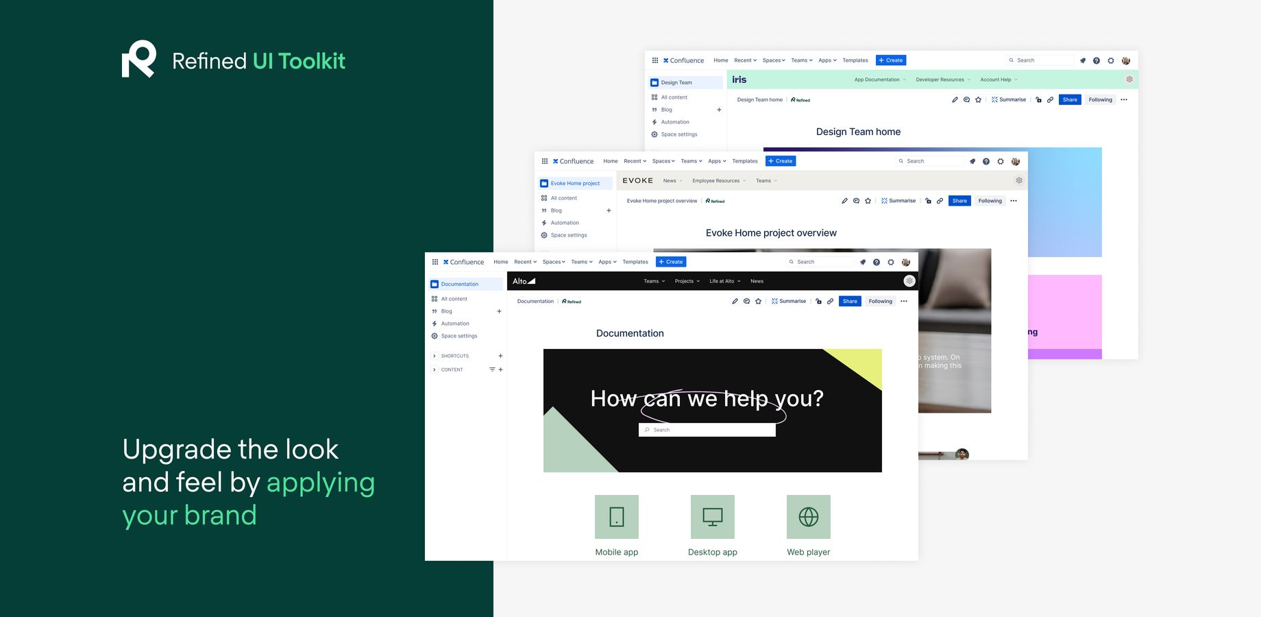 Custom pages themed in your brand aesthetic engage users while pointing them toward important information, documentation, and knowledge.