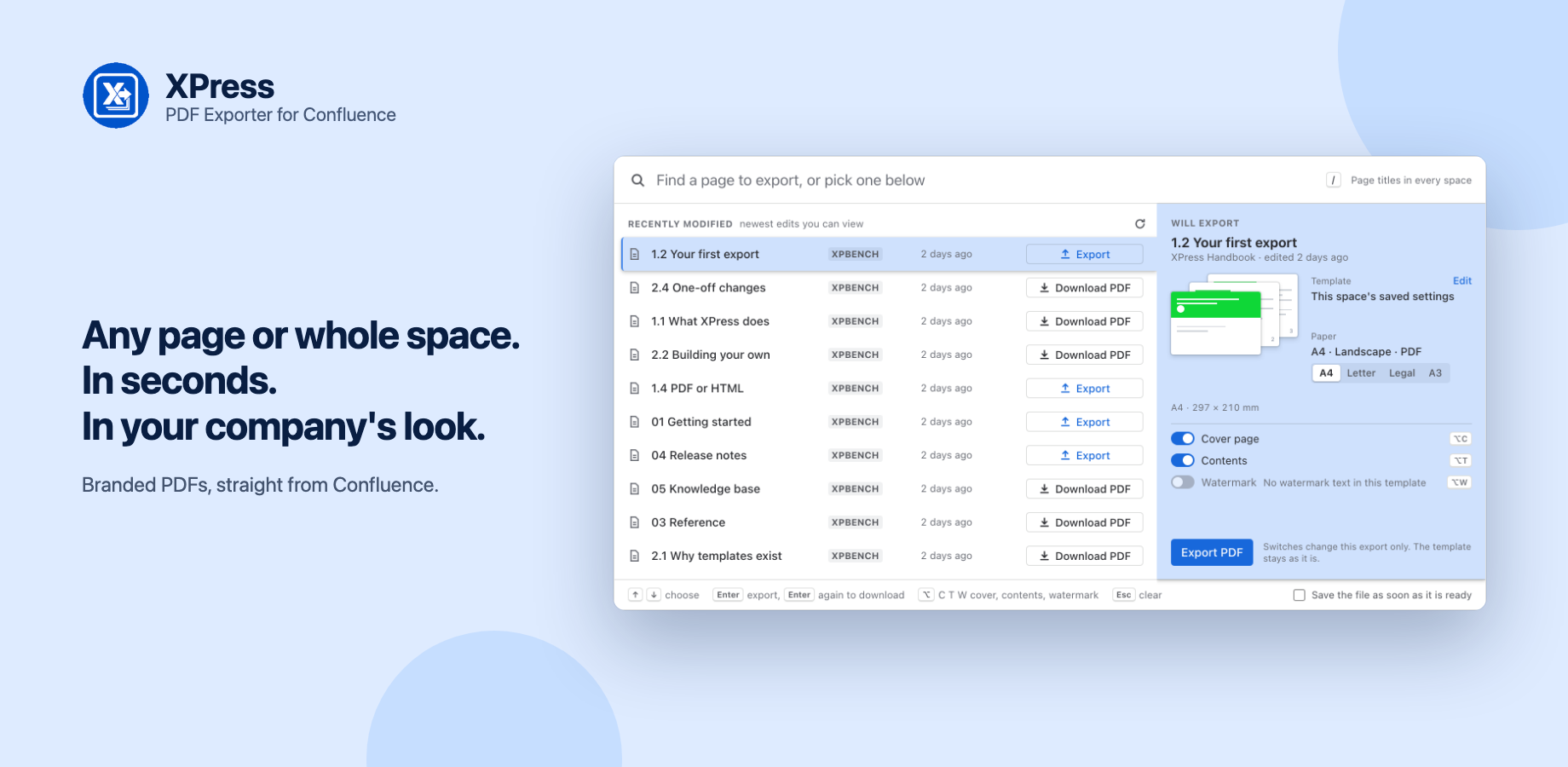 Pick any page, see how it will look, and export it in one click.