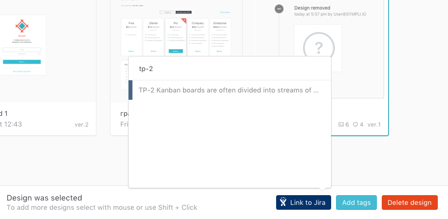 Link selected Sympli designs to Jira issue