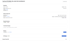 Detailed test run results with metadata, build info, suite changes, release links and downloadable PDF reports.