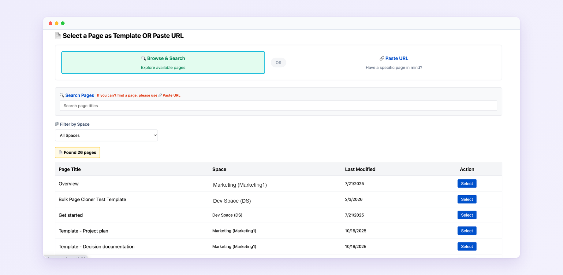 Source page selection with search and URL input to find templates across Confluence spaces fast.