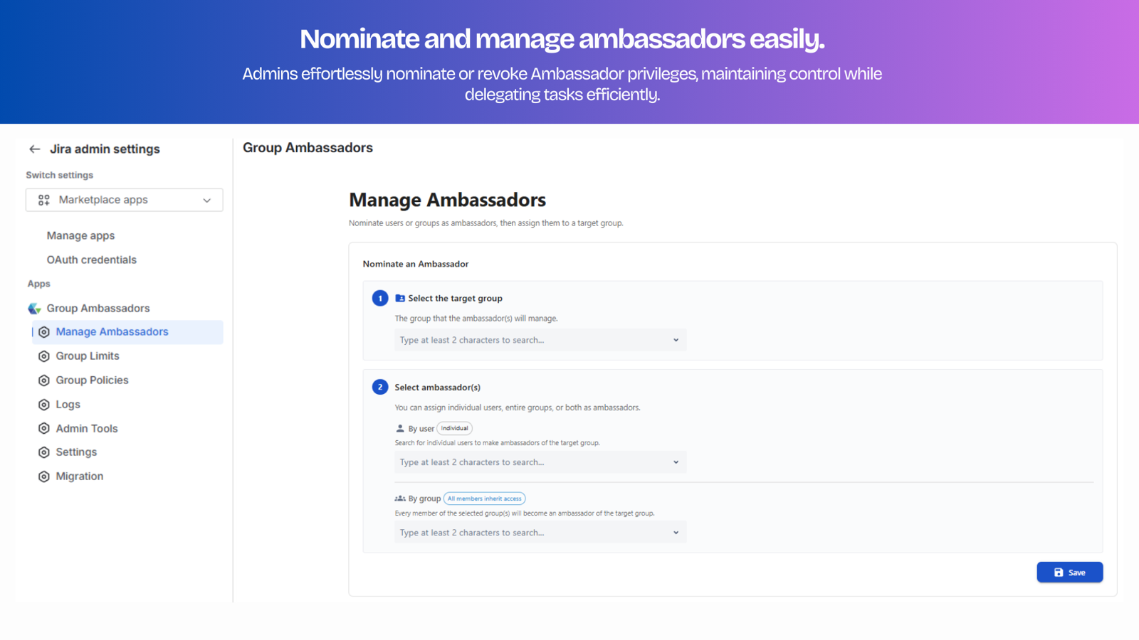 Admins effortlessly nominate or revoke Ambassador privileges, maintaining control while delegating tasks efficiently.
