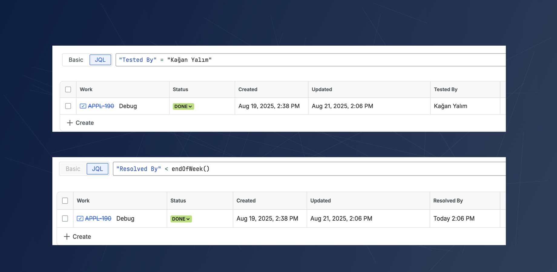 Leverage the power of JQL to query your workflow transitions. Search for issues by the user who made the change or the exact date it happened, allowing you to create precise filters and dynamic issue lists.