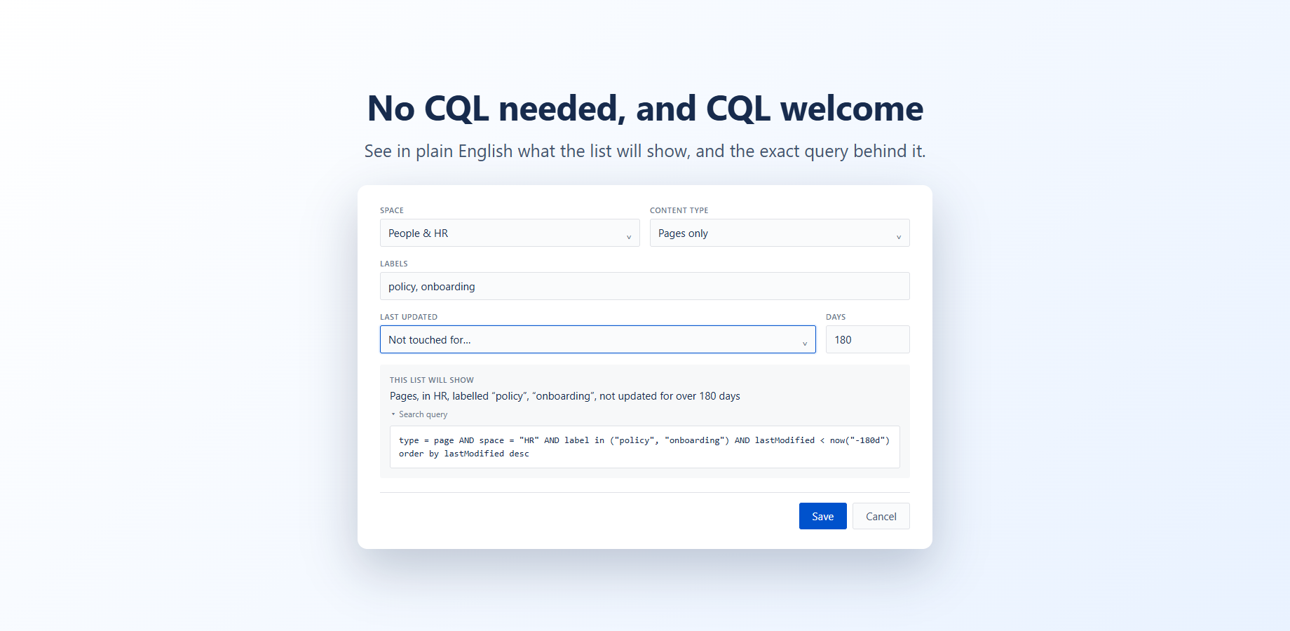 The same settings with the search query opened: the CQL the app built from the chosen conditions.