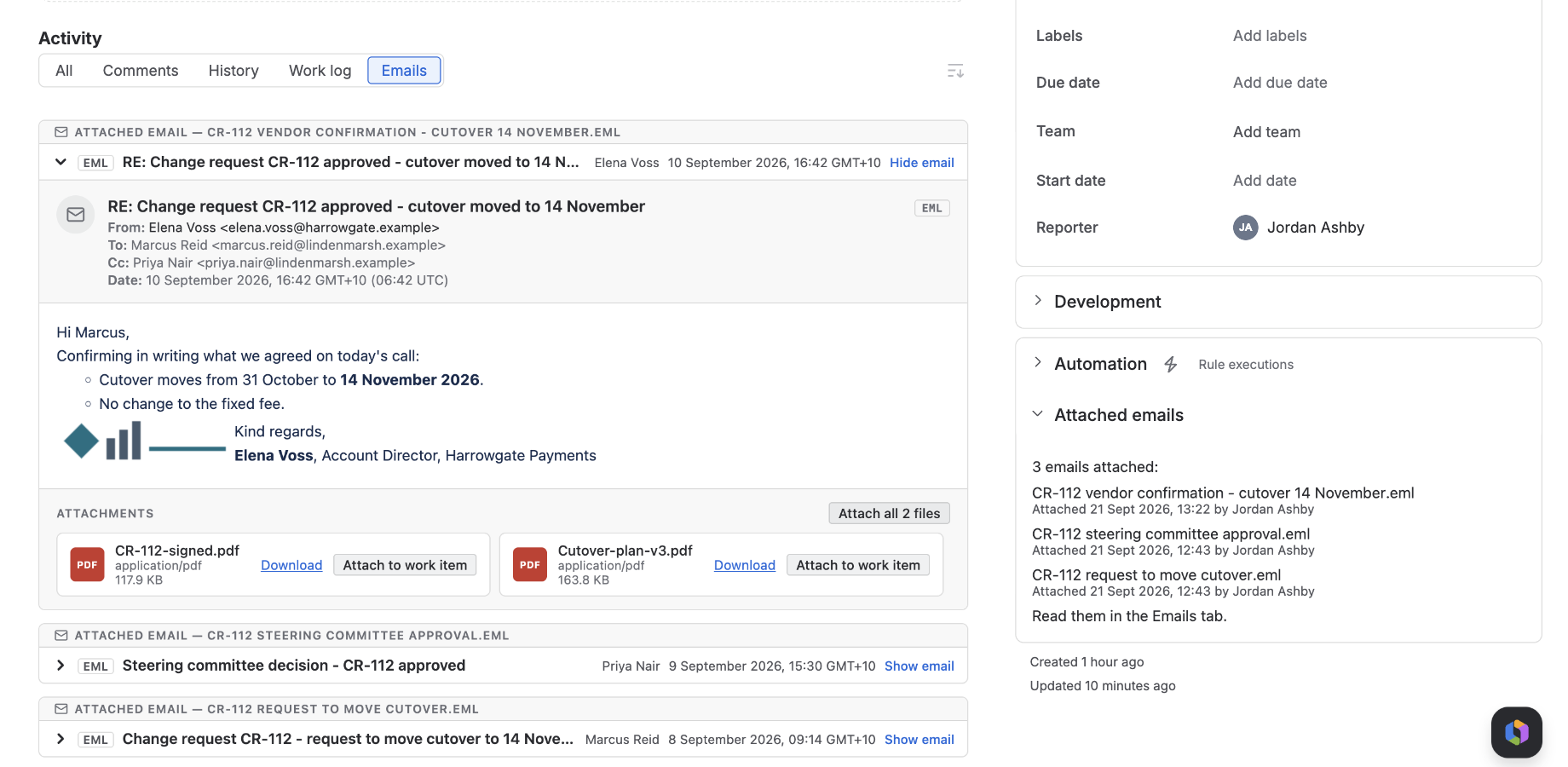 An .eml attachment rendered in the Emails tab on a Jira issue: the header band with subject, sender, recipients and date, the body, and the attachment list, each file offering Download and Attach to work item.