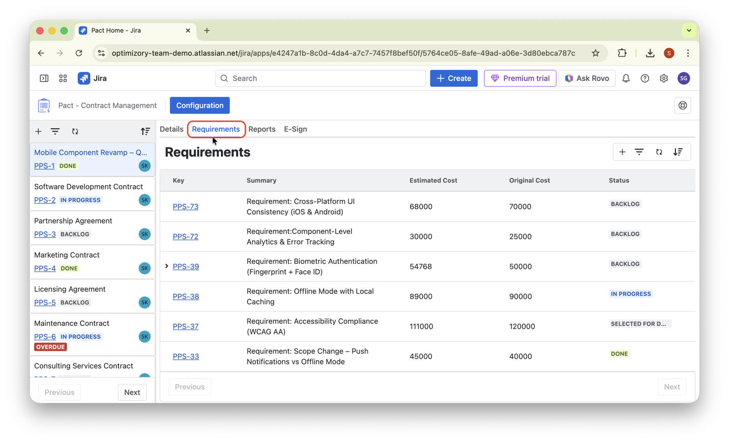 The Pact Home dashboard showing a contract list with timeline indicators (expiring soon, overdue), contract details with custom fields, and the requirements table linking each contract to its tracked requirements.