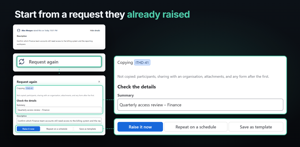 A portal request and its Request again: the details to check, what is not copied (participants, organisation sharing, attachments, forms after the first), then Raise it now, Repeat on a schedule or Save as template.