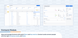 Companies Module: Manage Companies through a structured table view. Company cards unify company information, linked Contacts, Leads, Deals, and work items for complete account management.