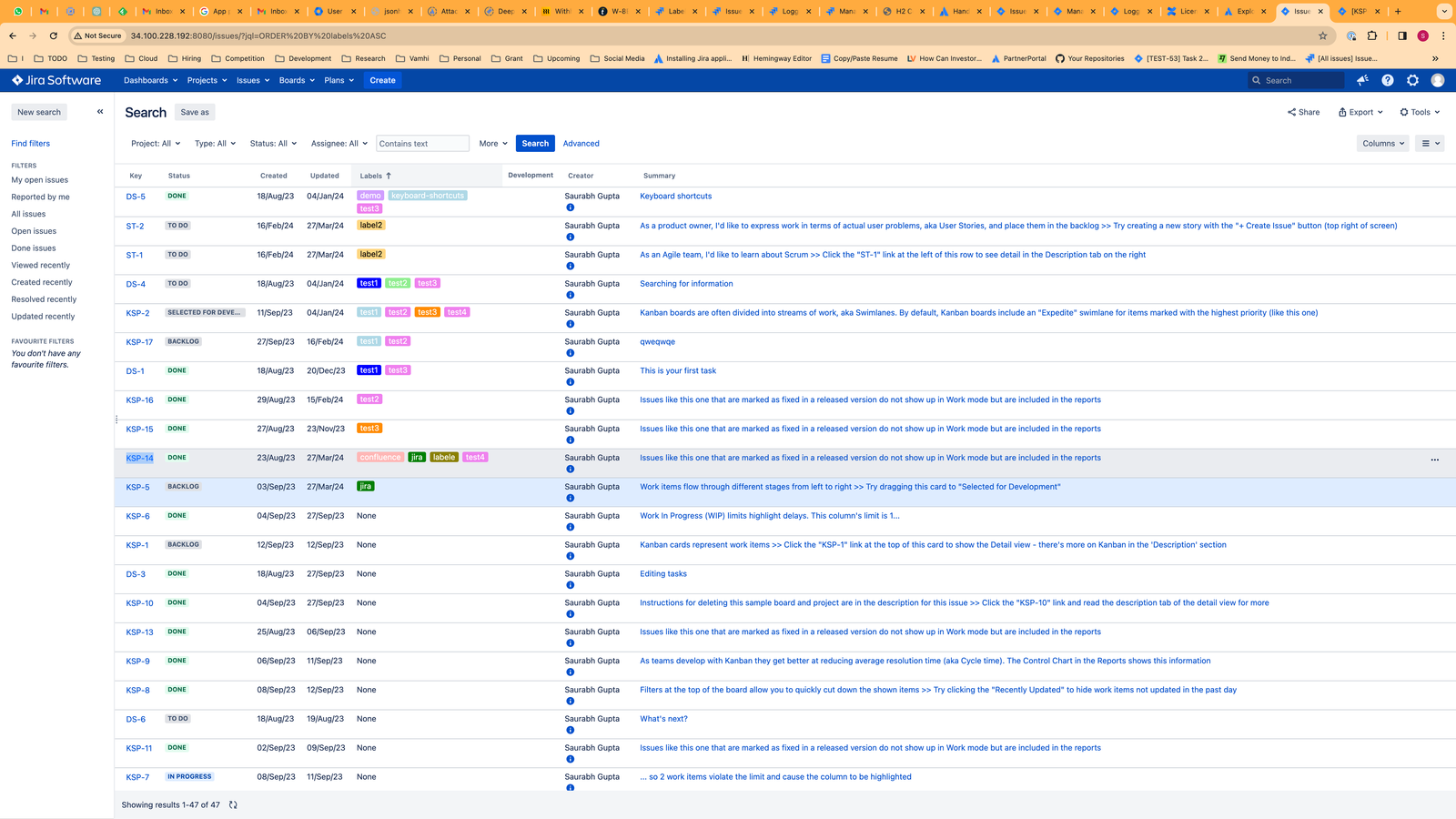 Showing jira search screen with colored labels