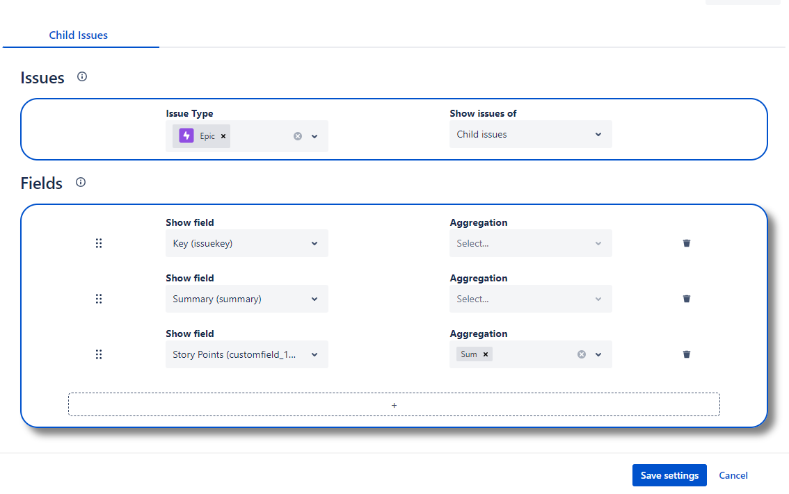 Customizing tables with JQL filters or link types
