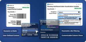 Barcode/QR Code turns issue data into a code; Issue Picker filters related issues with JQL and lets you select via customizable columns.