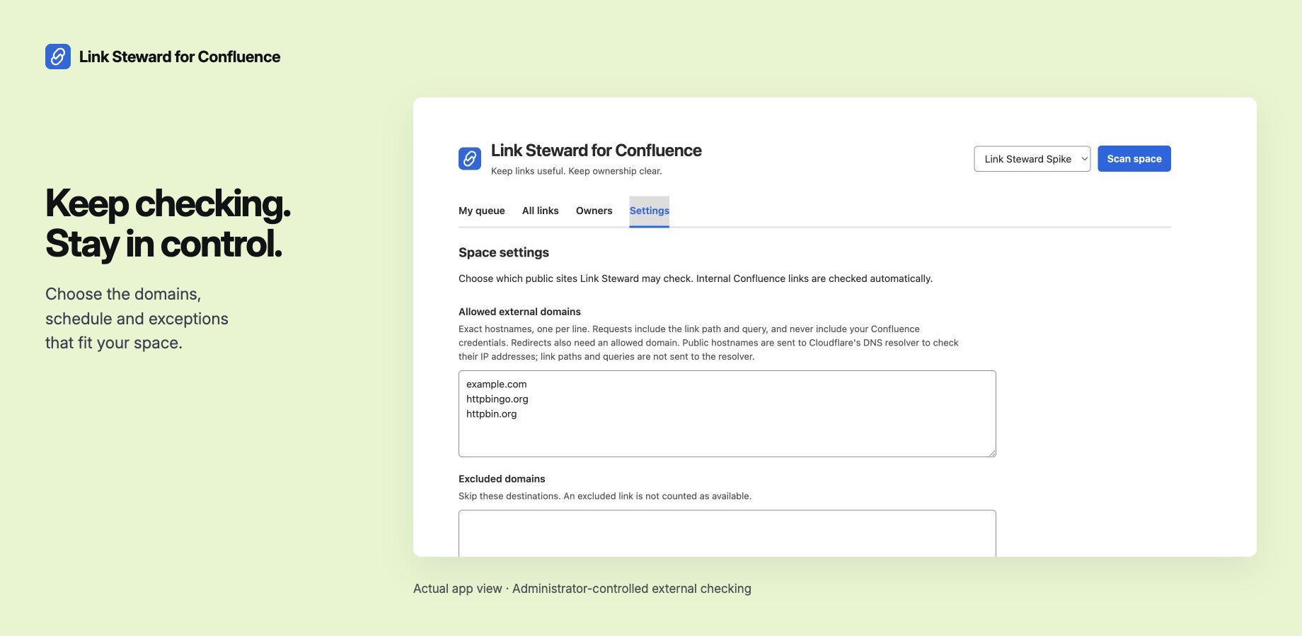 Space settings require explicit external domains. Additional controls below cover exclusions, scan schedules and optional owner reminders.