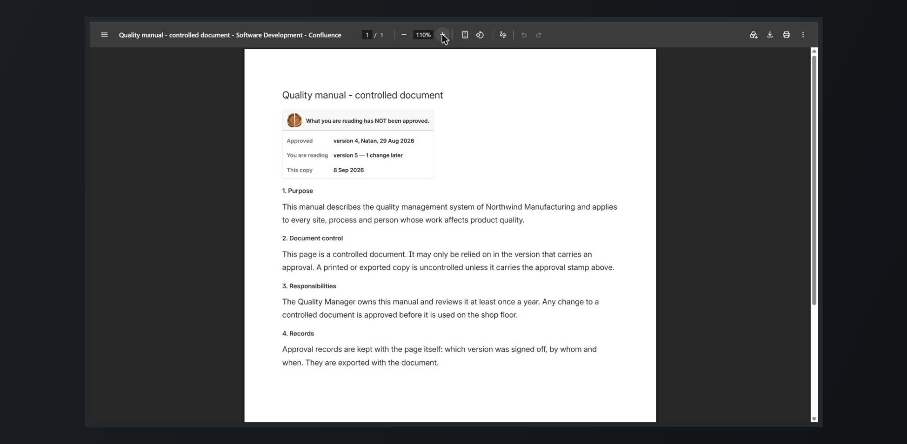 The exported PDF, carrying the approval with it.