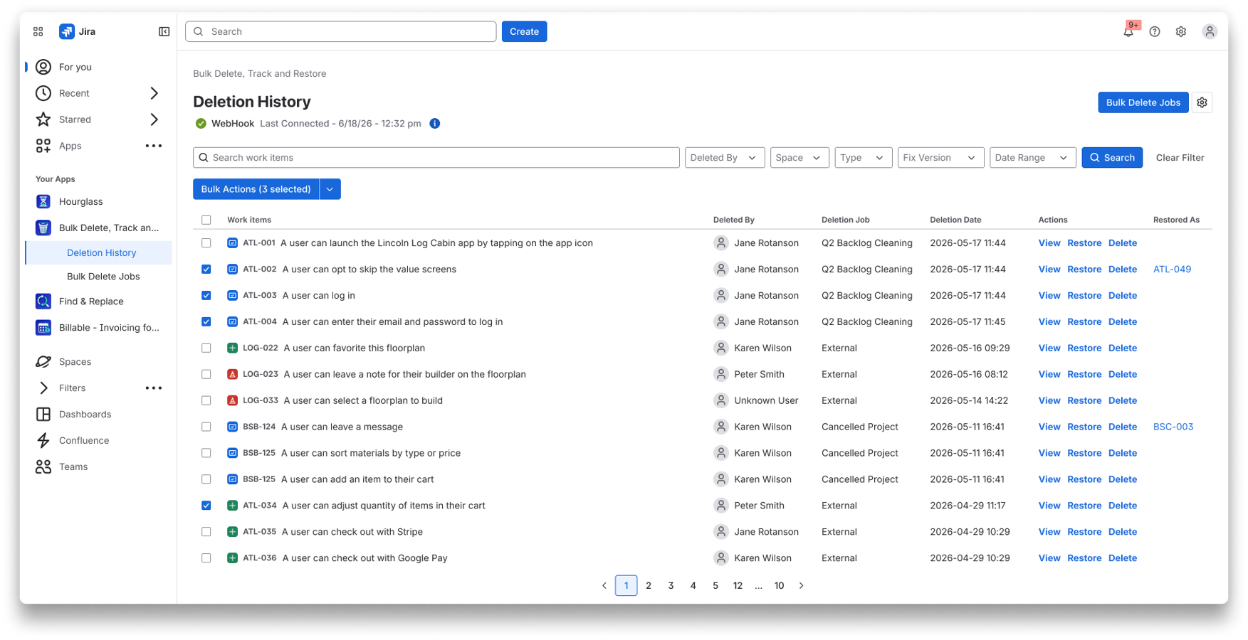 The Deletion History table shows a log of all deleted work items. Users can review who deleted an item, when, and what it was.